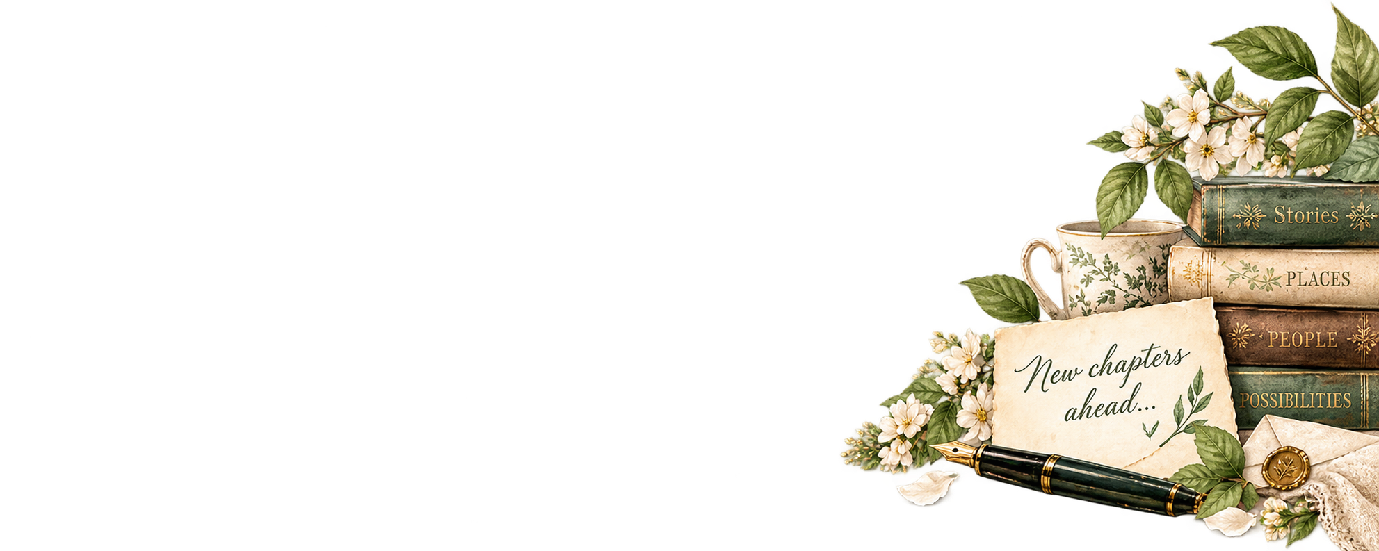 Decorative books, flowers, fountain pen, and handwritten note illustration